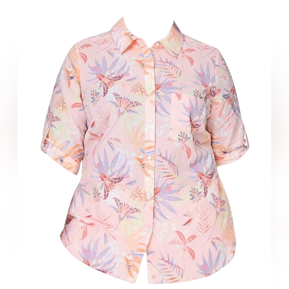 NWT Foxcroft Women's size 18W Tamara ¾ Tropical Paradise Resortwear Beach Top